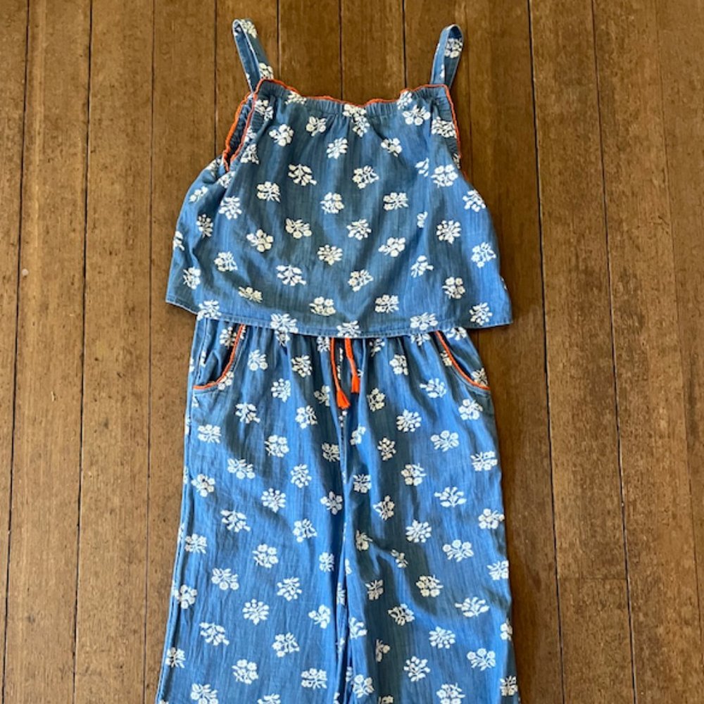 Mini Boden Girl's Jumpsuit with white flowers pattern, size 13/14